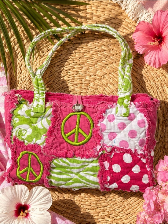 Hand Crafted Handbags - HANDCRAFTED FESTIVAL BAG QUILTED Shoulder Purse Hippie Pink Lime Boho Peace Sign